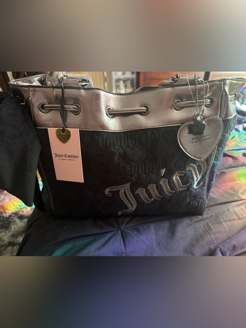 Juicy Couture Black Metallic-Trim Velour w/ Logo Tote
